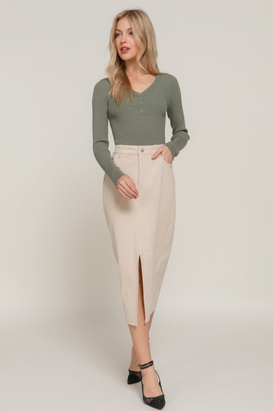 Front Open Slit Corduroy Midi Skirt - Vestidora's
