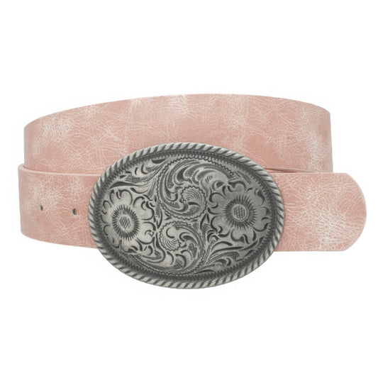 Flower Embossed Oval Buckle Vintage Strap Belt - Vestidora's