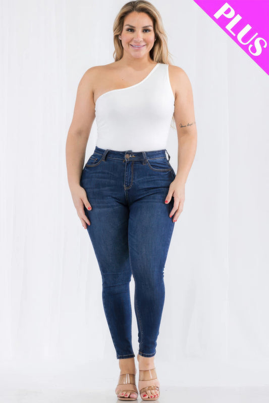 Plus size one shoulder solid casual bodysuit - Vestidora's