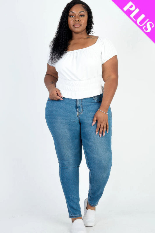 Plus size casual ruched puff sleeve ribbed knit solid top - Vestidora's