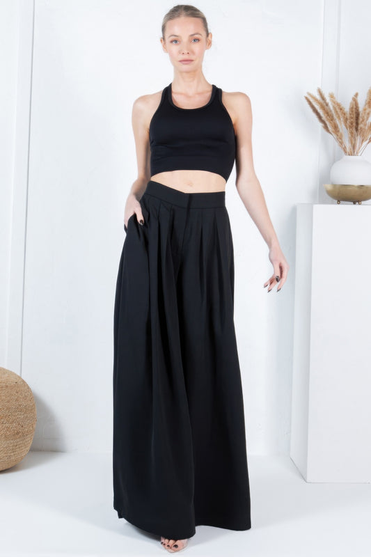 Large Hem Wide Leg Pleated Solid Pants - Vestidora's