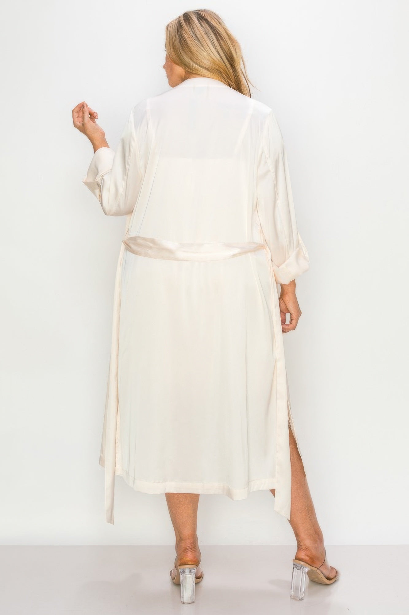 Satin Strap Dress With Self Belt Coat Set - Vestidora's