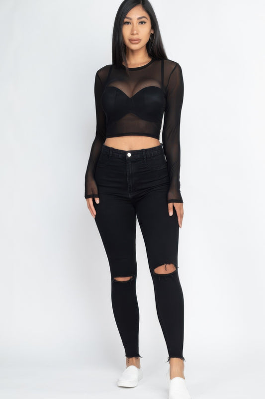 Sexy Sheer Mesh Long Sleeve Crop Top - Vestidora's