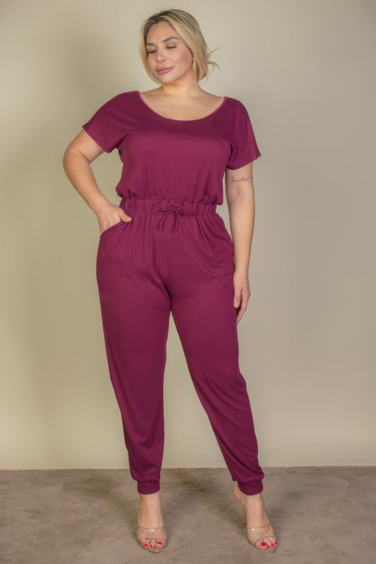 Plus Size Solid Drawstring Short Sleeve Jumpsuit - Vestidora's