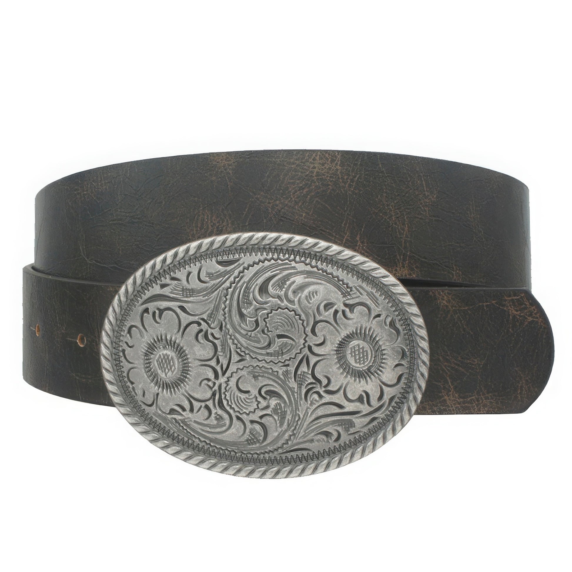 Flower Embossed Oval Buckle Vintage Strap Belt - Vestidora's