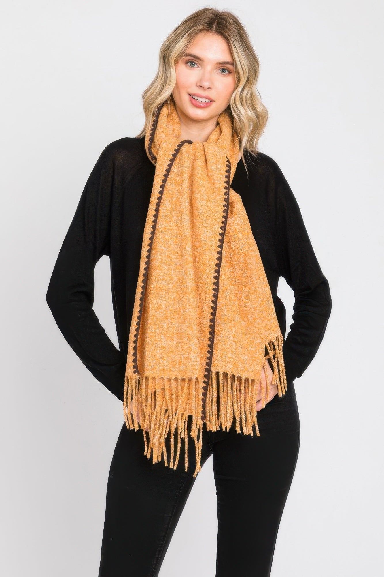 Textured Solid Fringe Scarf - Vestidora's